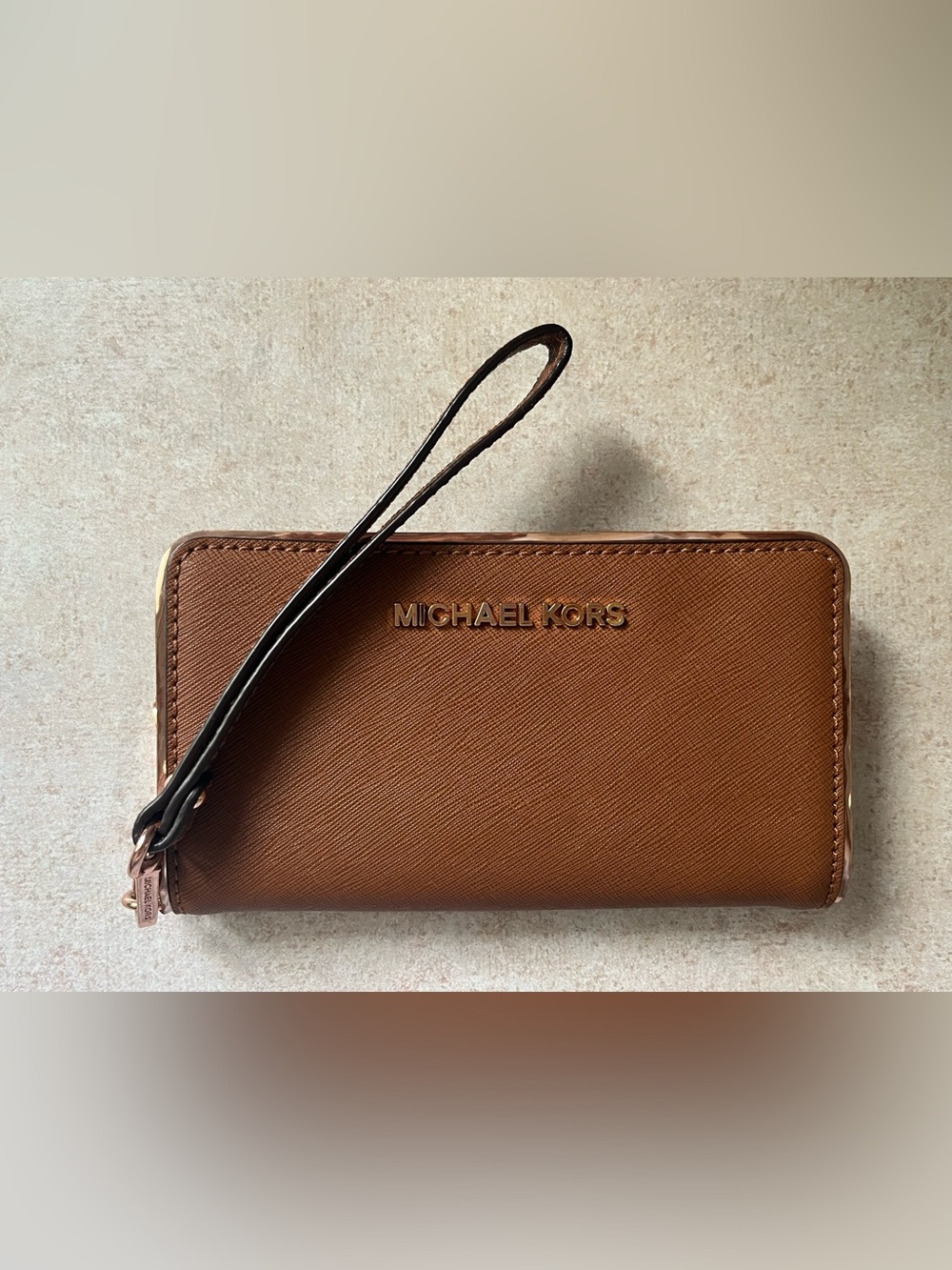Women’s Michael Kors Brown Crossgrain Leather Zip Around Wristlet - Wallet